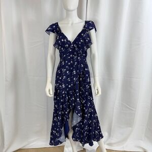 Altar'd State Wrap‎ Dress M Navy Blue Floral High Low Ruffle Flutter Sleeve NWT